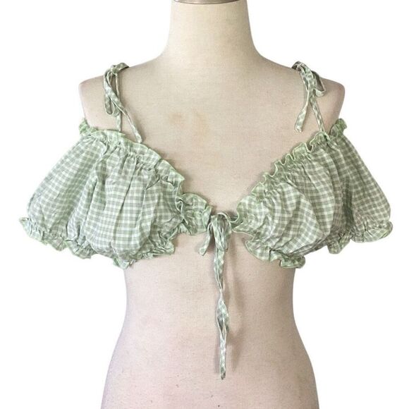 NWT Pretty Little Thing Bardot Ruffle Crop Gingham Top Women’s 10 Mint Green Whi - Picture 1 of 8